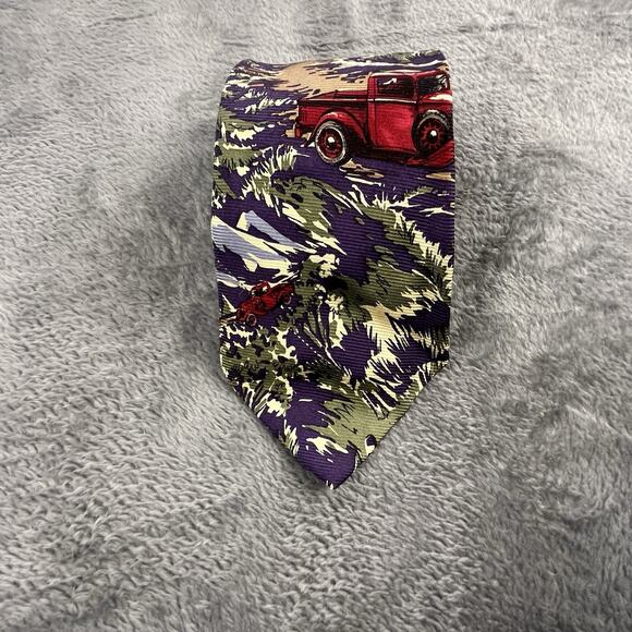 VTG Polo Ralph Lauren Tie Silk Repp Winter Red Pickup Truck Snowcapped Mountain - Picture 2 of 8